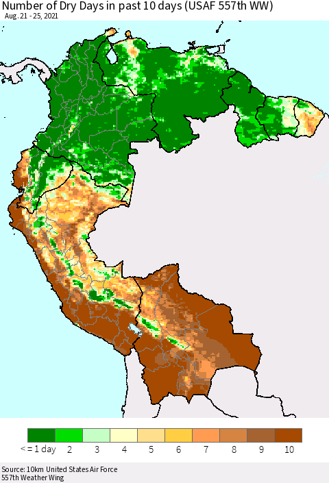 Northern South America Number of Dry Days in past 10 days (USAF 557th WW) Thematic Map For 8/21/2021 - 8/25/2021