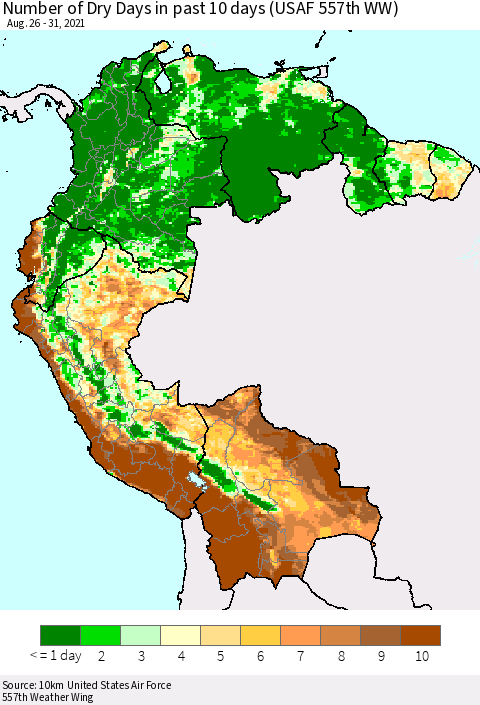 Northern South America Number of Dry Days in past 10 days (USAF 557th WW) Thematic Map For 8/26/2021 - 8/31/2021