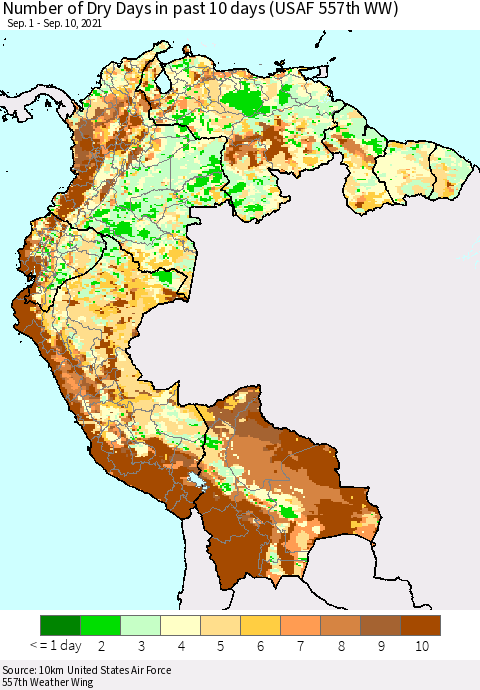 Northern South America Number of Dry Days in past 10 days (USAF 557th WW) Thematic Map For 9/6/2021 - 9/10/2021