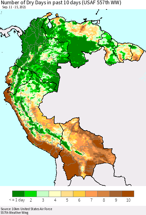 Northern South America Number of Dry Days in past 10 days (USAF 557th WW) Thematic Map For 9/11/2021 - 9/15/2021