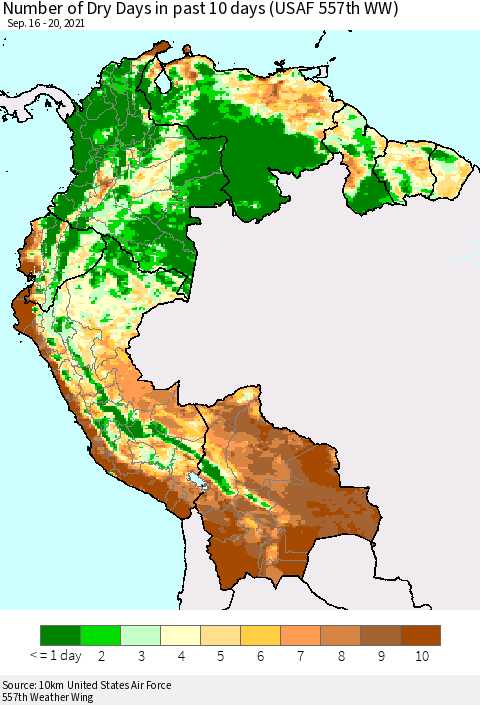 Northern South America Number of Dry Days in past 10 days (USAF 557th WW) Thematic Map For 9/16/2021 - 9/20/2021