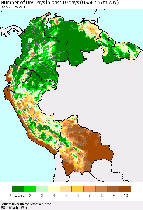 Northern South America Number of Dry Days in past 10 days (USAF 557th WW) Thematic Map For 9/21/2021 - 9/25/2021