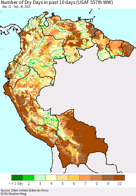 Northern South America Number of Dry Days in past 10 days (USAF 557th WW) Thematic Map For 9/26/2021 - 9/30/2021
