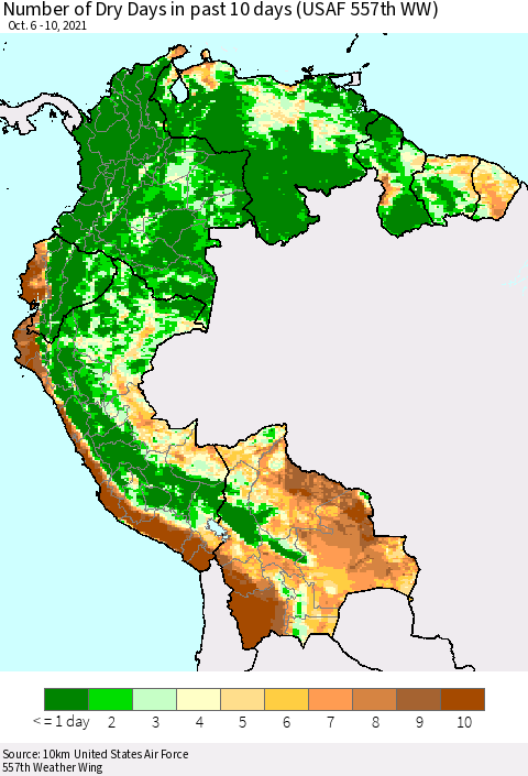 Northern South America Number of Dry Days in past 10 days (USAF 557th WW) Thematic Map For 10/6/2021 - 10/10/2021