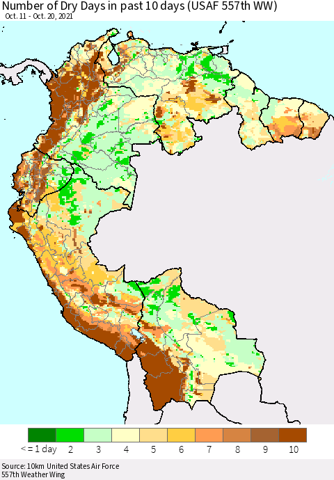 Northern South America Number of Dry Days in past 10 days (USAF 557th WW) Thematic Map For 10/16/2021 - 10/20/2021