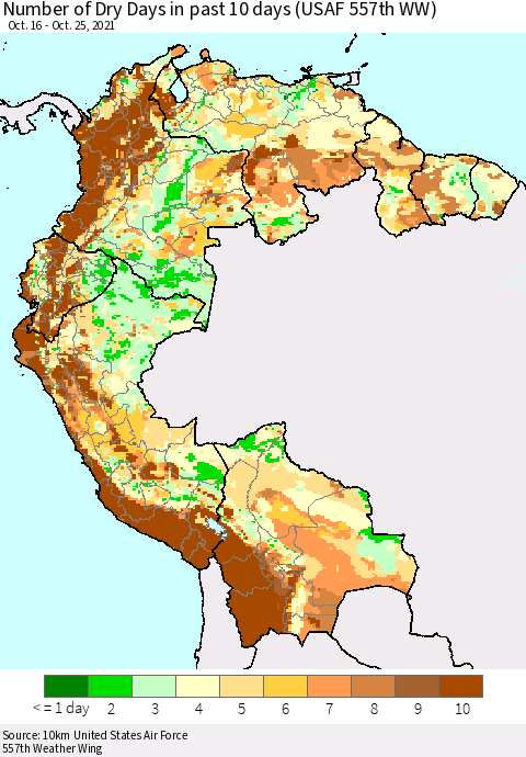 Northern South America Number of Dry Days in past 10 days (USAF 557th WW) Thematic Map For 10/21/2021 - 10/25/2021
