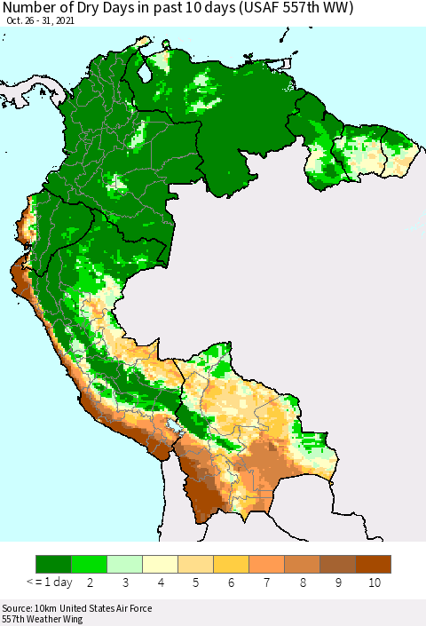 Northern South America Number of Dry Days in past 10 days (USAF 557th WW) Thematic Map For 10/26/2021 - 10/31/2021