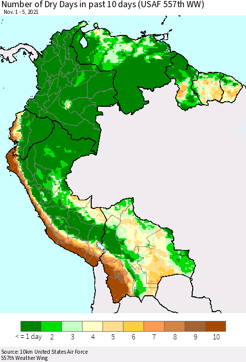 Northern South America Number of Dry Days in past 10 days (USAF 557th WW) Thematic Map For 11/1/2021 - 11/5/2021