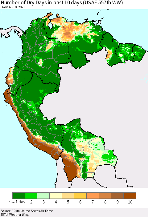Northern South America Number of Dry Days in past 10 days (USAF 557th WW) Thematic Map For 11/6/2021 - 11/10/2021