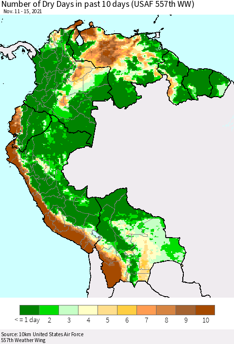 Northern South America Number of Dry Days in past 10 days (USAF 557th WW) Thematic Map For 11/11/2021 - 11/15/2021