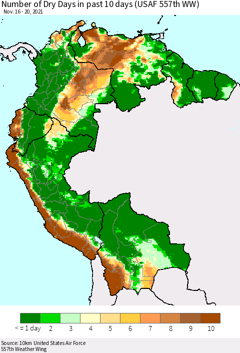 Northern South America Number of Dry Days in past 10 days (USAF 557th WW) Thematic Map For 11/16/2021 - 11/20/2021