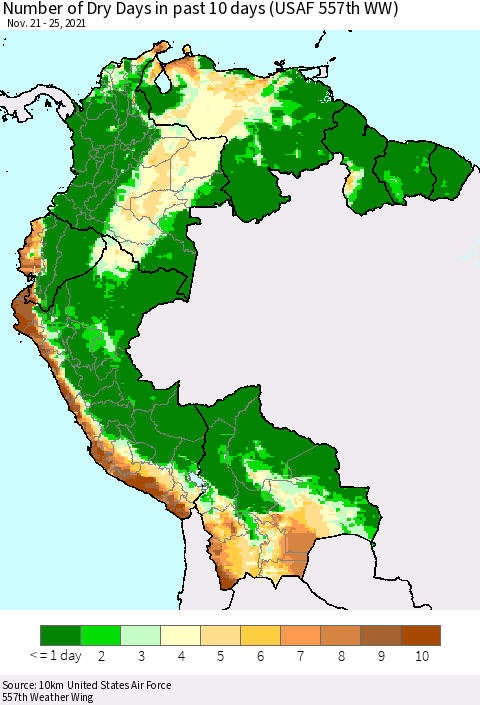 Northern South America Number of Dry Days in past 10 days (USAF 557th WW) Thematic Map For 11/21/2021 - 11/25/2021