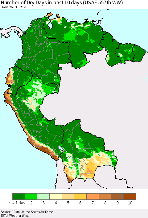 Northern South America Number of Dry Days in past 10 days (USAF 557th WW) Thematic Map For 11/26/2021 - 11/30/2021