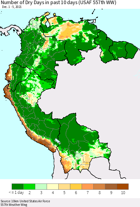 Northern South America Number of Dry Days in past 10 days (USAF 557th WW) Thematic Map For 12/1/2021 - 12/5/2021