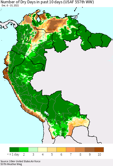 Northern South America Number of Dry Days in past 10 days (USAF 557th WW) Thematic Map For 12/6/2021 - 12/10/2021