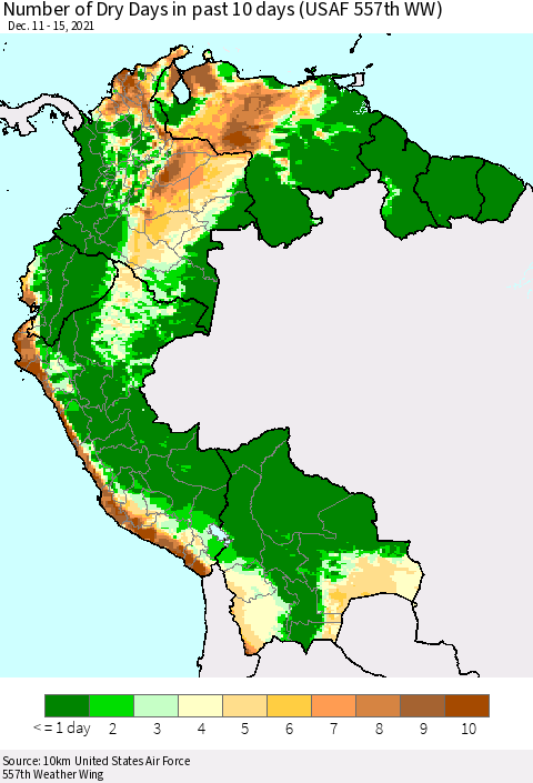 Northern South America Number of Dry Days in past 10 days (USAF 557th WW) Thematic Map For 12/11/2021 - 12/15/2021