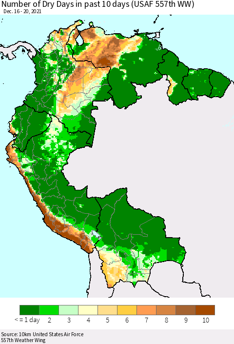 Northern South America Number of Dry Days in past 10 days (USAF 557th WW) Thematic Map For 12/16/2021 - 12/20/2021