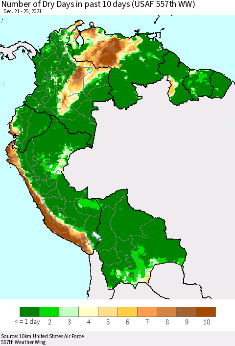 Northern South America Number of Dry Days in past 10 days (USAF 557th WW) Thematic Map For 12/21/2021 - 12/25/2021