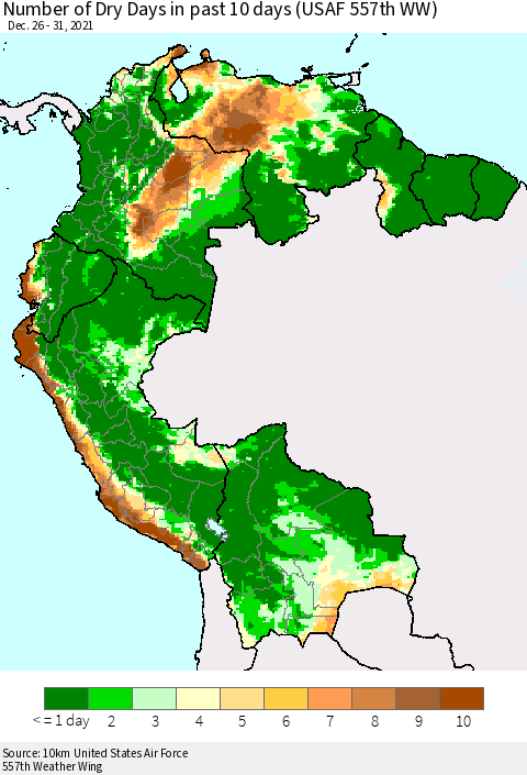 Northern South America Number of Dry Days in past 10 days (USAF 557th WW) Thematic Map For 12/26/2021 - 12/31/2021