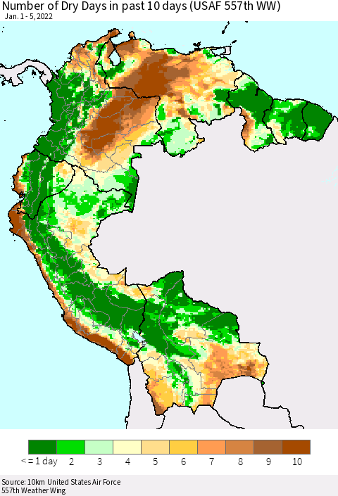 Northern South America Number of Dry Days in past 10 days (USAF 557th WW) Thematic Map For 1/1/2022 - 1/5/2022