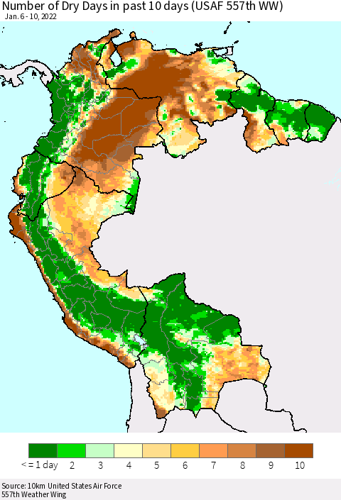 Northern South America Number of Dry Days in past 10 days (USAF 557th WW) Thematic Map For 1/6/2022 - 1/10/2022