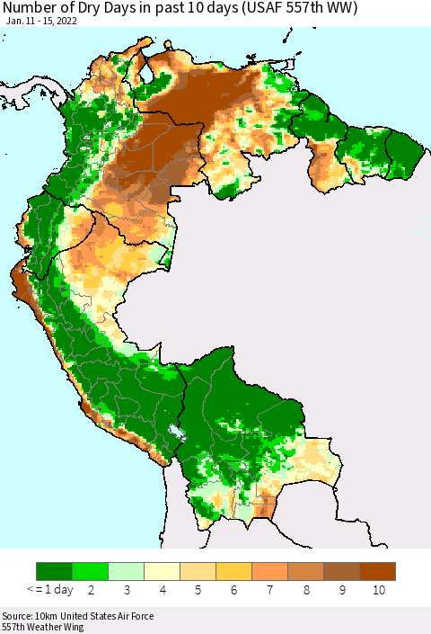 Northern South America Number of Dry Days in past 10 days (USAF 557th WW) Thematic Map For 1/11/2022 - 1/15/2022