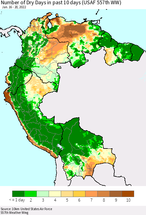 Northern South America Number of Dry Days in past 10 days (USAF 557th WW) Thematic Map For 1/16/2022 - 1/20/2022