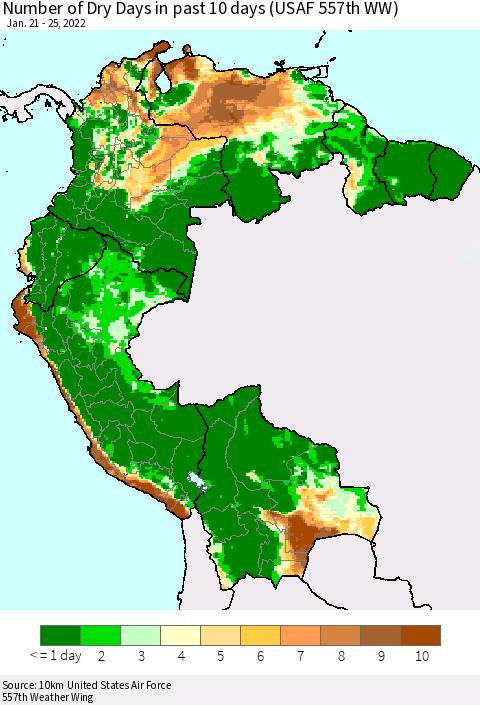 Northern South America Number of Dry Days in past 10 days (USAF 557th WW) Thematic Map For 1/21/2022 - 1/25/2022