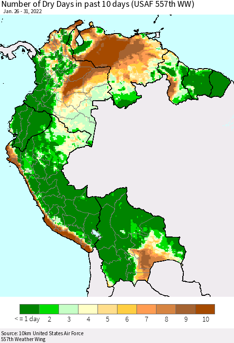 Northern South America Number of Dry Days in past 10 days (USAF 557th WW) Thematic Map For 1/26/2022 - 1/31/2022