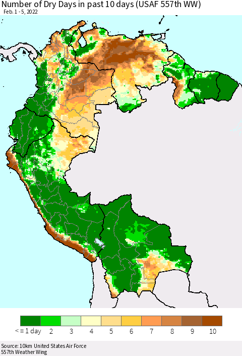 Northern South America Number of Dry Days in past 10 days (USAF 557th WW) Thematic Map For 2/1/2022 - 2/5/2022