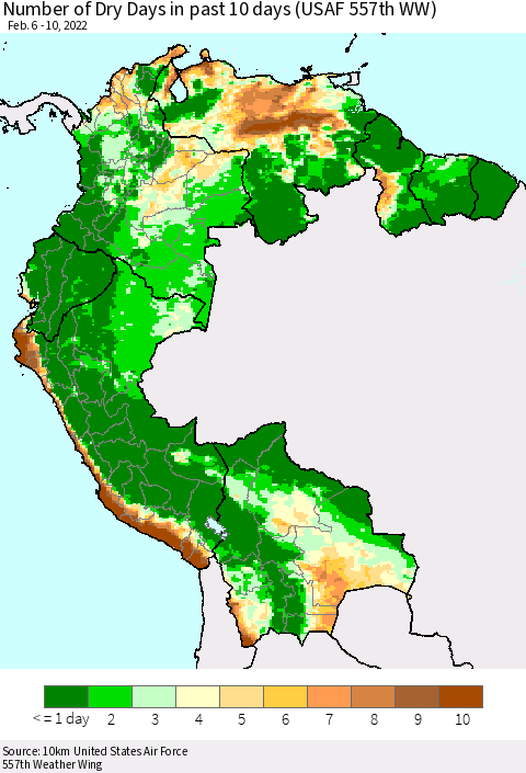 Northern South America Number of Dry Days in past 10 days (USAF 557th WW) Thematic Map For 2/6/2022 - 2/10/2022