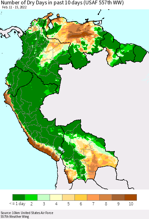 Northern South America Number of Dry Days in past 10 days (USAF 557th WW) Thematic Map For 2/11/2022 - 2/15/2022