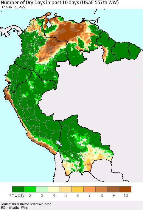 Northern South America Number of Dry Days in past 10 days (USAF 557th WW) Thematic Map For 2/16/2022 - 2/20/2022