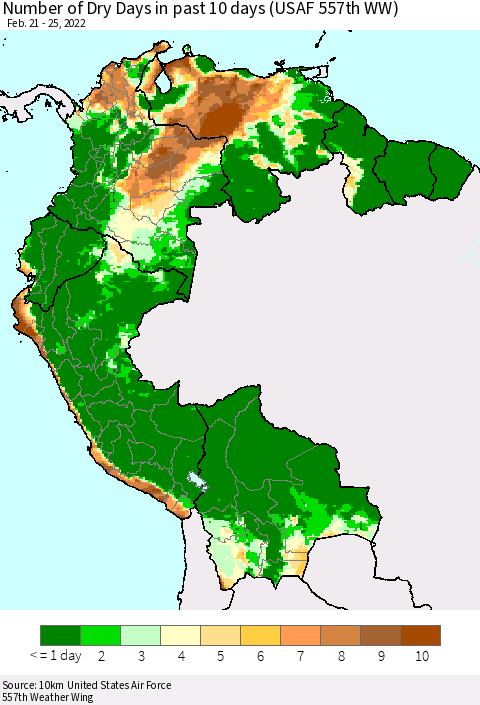 Northern South America Number of Dry Days in past 10 days (USAF 557th WW) Thematic Map For 2/21/2022 - 2/25/2022