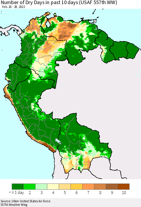Northern South America Number of Dry Days in past 10 days (USAF 557th WW) Thematic Map For 2/26/2022 - 2/28/2022