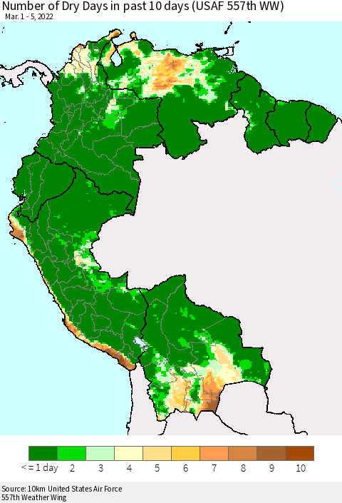 Northern South America Number of Dry Days in past 10 days (USAF 557th WW) Thematic Map For 3/1/2022 - 3/5/2022
