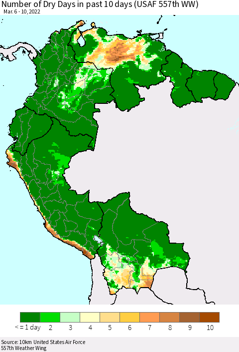 Northern South America Number of Dry Days in past 10 days (USAF 557th WW) Thematic Map For 3/6/2022 - 3/10/2022
