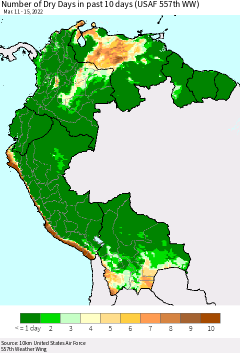 Northern South America Number of Dry Days in past 10 days (USAF 557th WW) Thematic Map For 3/11/2022 - 3/15/2022