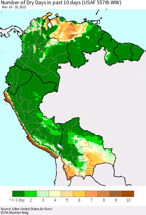 Northern South America Number of Dry Days in past 10 days (USAF 557th WW) Thematic Map For 3/16/2022 - 3/20/2022