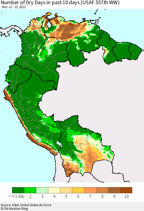 Northern South America Number of Dry Days in past 10 days (USAF 557th WW) Thematic Map For 3/21/2022 - 3/25/2022
