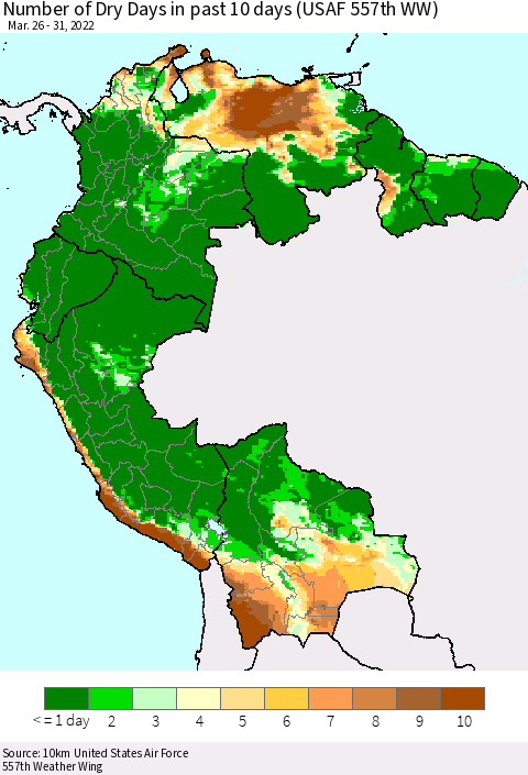 Northern South America Number of Dry Days in past 10 days (USAF 557th WW) Thematic Map For 3/26/2022 - 3/31/2022