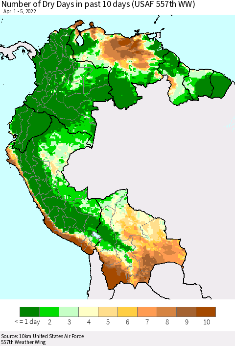 Northern South America Number of Dry Days in past 10 days (USAF 557th WW) Thematic Map For 4/1/2022 - 4/5/2022