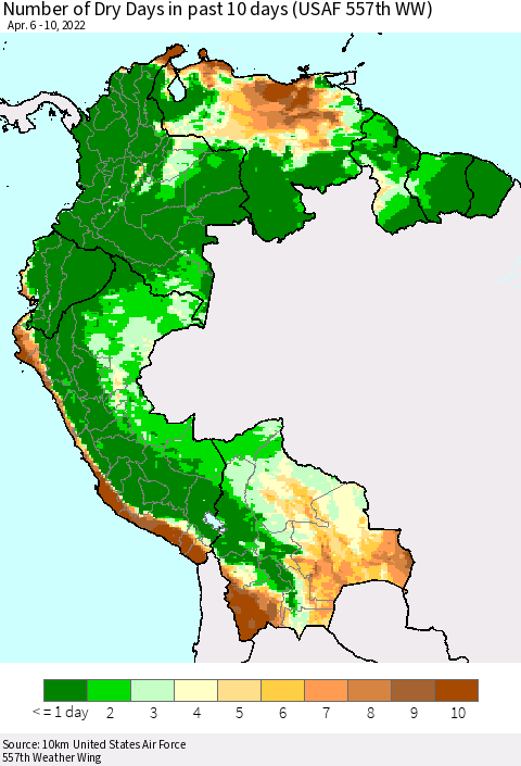 Northern South America Number of Dry Days in past 10 days (USAF 557th WW) Thematic Map For 4/6/2022 - 4/10/2022