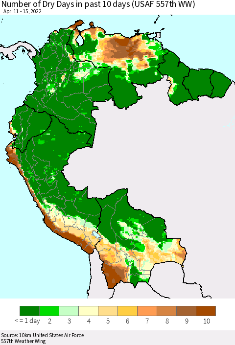 Northern South America Number of Dry Days in past 10 days (USAF 557th WW) Thematic Map For 4/11/2022 - 4/15/2022