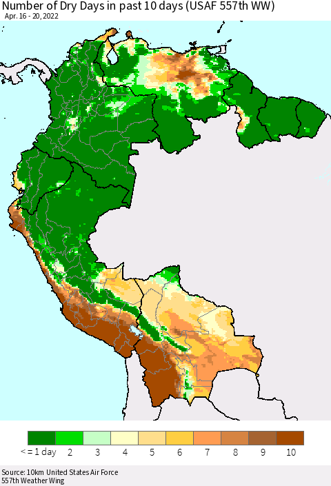 Northern South America Number of Dry Days in past 10 days (USAF 557th WW) Thematic Map For 4/16/2022 - 4/20/2022