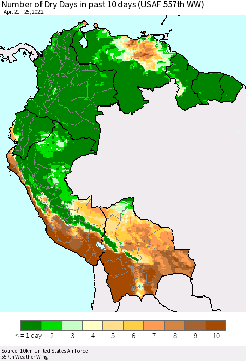 Northern South America Number of Dry Days in past 10 days (USAF 557th WW) Thematic Map For 4/21/2022 - 4/25/2022