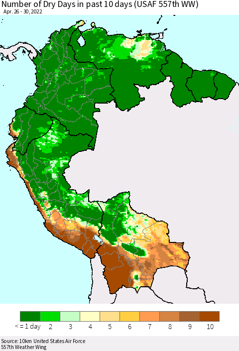 Northern South America Number of Dry Days in past 10 days (USAF 557th WW) Thematic Map For 4/26/2022 - 4/30/2022