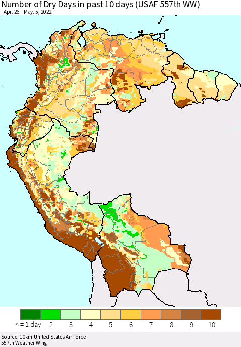 Northern South America Number of Dry Days in past 10 days (USAF 557th WW) Thematic Map For 5/1/2022 - 5/5/2022