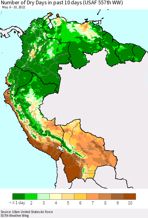 Northern South America Number of Dry Days in past 10 days (USAF 557th WW) Thematic Map For 5/6/2022 - 5/10/2022