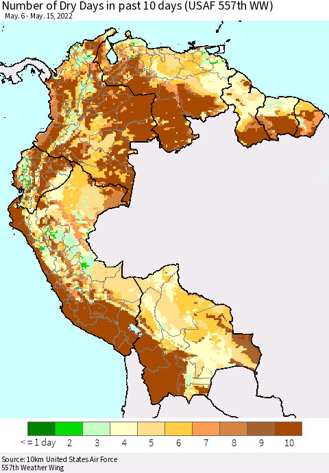 Northern South America Number of Dry Days in past 10 days (USAF 557th WW) Thematic Map For 5/11/2022 - 5/15/2022